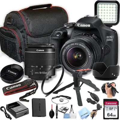 Displays the core sellable product, a Canon EOS 2000D DSLR camera with 18-55mm lens, as the central hero item for shoppers to identify what they are purchasing. Shows all included accessories and…