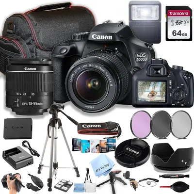 Displays the Canon EOS 4000D camera as the core product along with all included accessories and parts to show the complete bundle package the shopper will receive. Shows all the included accessories…