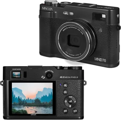Shows the complete camera product from both front and back angles to give shoppers a comprehensive view of the design, controls, screen, and key features like the viewfinder, selfie lens, and 48.0…