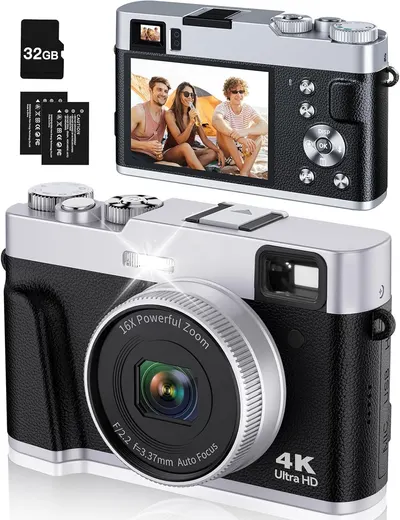 Shows the core digital camera product from multiple angles to communicate its design, flip screen functionality, and key technical specifications like 4K video and zoom capability. Displays the…