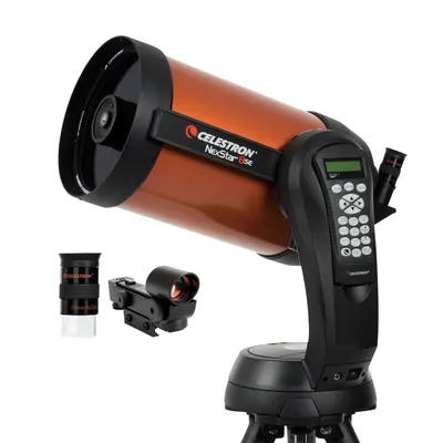Displays the core telescope product with included accessories (eyepiece and red dot finder) to show shoppers exactly what they will receive in the package. Shows the additional included accessories…