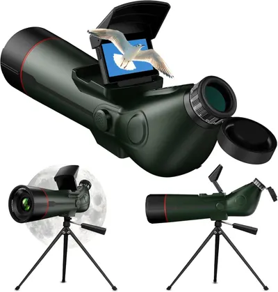 Shows the core spotting scope product with its included tripod mount and accessories to communicate what the buyer receives. Demonstrates how the scope works with a smartphone adapter for…