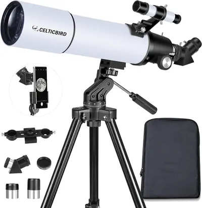 Displays the core telescope product along with its tripod mount to show shoppers the main item they are purchasing and how it is set up for use. Shows all the included accessories such as phone…