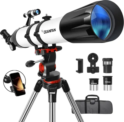 Displays the core telescope product mounted on its tripod to show shoppers exactly what they are purchasing. Shows all the included accessories such as phone adapter, eyepieces, Barlow lens, and…
