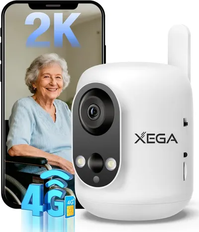 Communicates the camera's key technical features (2K video quality and 4G cellular connectivity) through graphic overlays, reassuring shoppers of modern connectivity and high-definition monitoring…