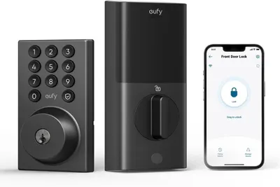 Displays the complete smart lock system including the keypad deadbolt, main lock unit, and smartphone app interface to show shoppers all components and control methods included with the product.…