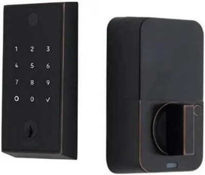 Displays the core sellable product—a smart lock system with both the keypad entry panel and the deadbolt mechanism—to show shoppers exactly what they will receive and how the components look. Shows…