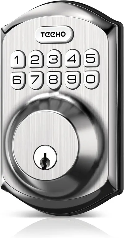 Shows the core smart lock product with its keypad interface and physical keyhole, communicating the dual-access security feature to shoppers looking for convenient home security solutions. Uses a…