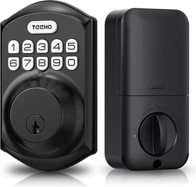 Shows the complete smart lock system with both the exterior keypad deadbolt and interior control unit, communicating the full product the shopper will receive and how it provides keyless entry…