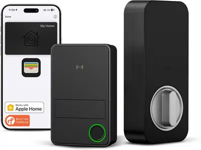 Displays the complete smart lock system including the door lock unit, control hub, and smartphone app interface to show shoppers the full ecosystem they will receive and how the components work…
