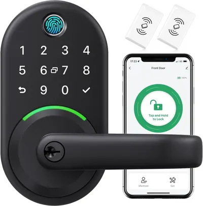 Shows the complete smart lock product with its keypad, fingerprint sensor, physical handle, RFID cards, and smartphone app interface to communicate the multiple ways users can access and control…