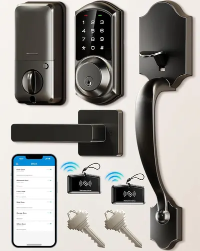 Displays the complete smart lock product line including various lock styles, keypad entry, key fobs, physical keys, and mobile app control to show shoppers all included components and access methods…