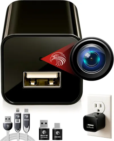 Shows the core sellable product - a USB wall charger with an integrated hidden camera lens - clearly displaying its dual functionality and compact design. Demonstrates the included accessories that…