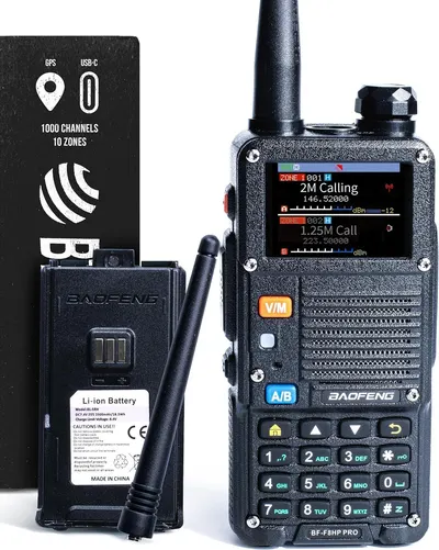 Shows the core sellable product, a Baofeng two-way radio with its battery and antenna, clearly displaying the device's screen, keypad, and physical features to help shoppers understand what they are…