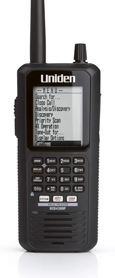 Shows the core product clearly on a white background to communicate its professional design, digital menu interface, and physical controls to shoppers looking for a scanner radio device.