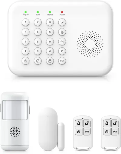 Displays the complete home security system including the main keypad control panel, motion sensor, door/window sensor, and remote key fobs to show shoppers all included components in the package.…