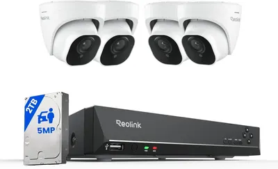 Shows the complete security camera system including four dome cameras, DVR unit, and hard drive to communicate the full package the buyer will receive. Displays all included components of the…