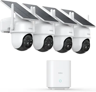 Shows the complete security camera system including four solar-powered cameras and a central hub unit, communicating the comprehensive surveillance solution and solar power capability to shoppers.…