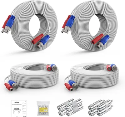 Shows the core product clearly: two white security camera cables with color-coded connectors, displayed from multiple angles to help shoppers understand the product's appearance and construction.…