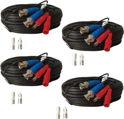 Shows the core product—four identical coiled black cables with blue and red connectors and small adapter accessories—to communicate what the buyer receives in this multi-pack set. Highlights the…