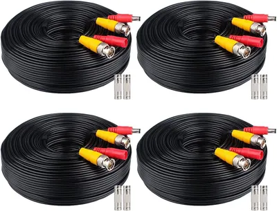 Shows the core product clearly - a 4-pack of black security camera cables with color-coded BNC connectors and included adapters, allowing shoppers to see exactly what they will receive. Demonstrates…