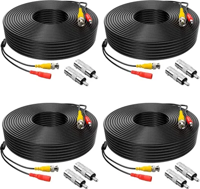 Shows the core product clearly - a 4-pack of black coiled security camera cables with BNC and power connectors, plus adapter accessories, allowing shoppers to see exactly what they will receive.…