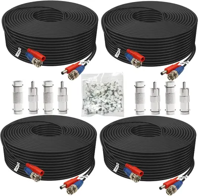 Shows the complete cable kit including four identical coiled cables with BNC and power connectors, plus additional BNC adapters and mounting clips, clearly displaying what the buyer receives in this…