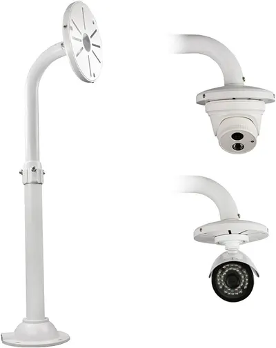 Displays the core product - a security camera mounting pole with adjustable arms and two different camera types - to show shoppers exactly what they will receive and how the system is configured.…
