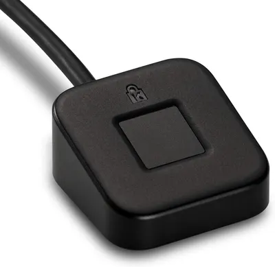 Displays the core product, a compact fingerprint scanner device with attached cable, to show shoppers what they will receive and communicate its biometric security functionality.