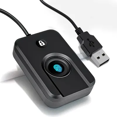 Shows the core fingerprint scanner device with its biometric sensor and USB connection to communicate security and ease of use to shoppers. The illuminated blue fingerprint graphic on the sensor…