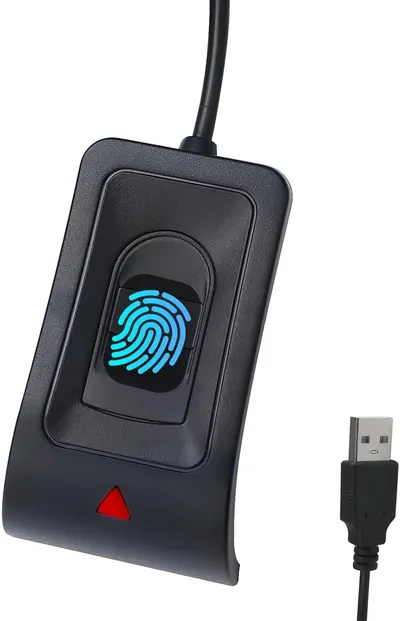 Shows the core product, a fingerprint scanner with USB connection, clearly displaying its biometric sensor interface and connectivity to communicate its security and authentication functionality.…