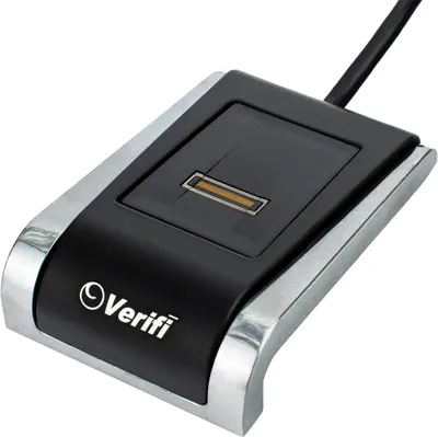 Displays the core product, a Verififi fingerprint scanner, clearly showing its design and branding to help shoppers identify the device and understand its biometric security function. Uses a subtle…