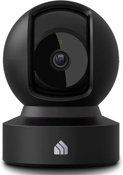 Displays the core product, a black pan-tilt security camera with a prominent lens and brand logo, in a clean catalog-style presentation to show shoppers exactly what they will receive.