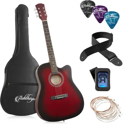 Displays the core acoustic guitar product along with all included accessories to show shoppers exactly what they will receive in this complete starter kit. Showcases all the bonus accessories…