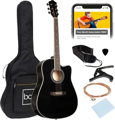 Displays the core product (black acoustic guitar) along with all included accessories to show shoppers everything they receive in the bundle. Showcases the complete set of included accessories and…