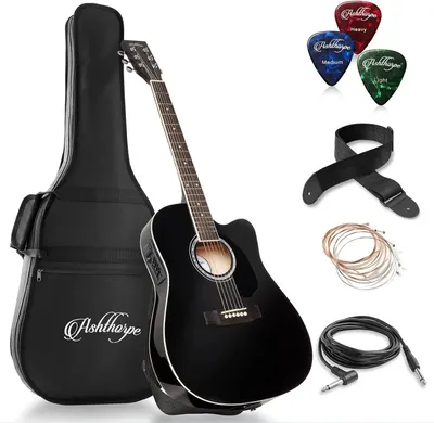 Shows the core acoustic guitar product along with all included accessories to communicate the complete bundle the buyer will receive. Demonstrates the value of the bundle by clearly displaying all…