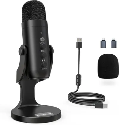 Displays the core product, a USB microphone with built-in controls (mute, mic, headphone, echo), clearly showing its design and features to help shoppers understand what they are purchasing. Shows…