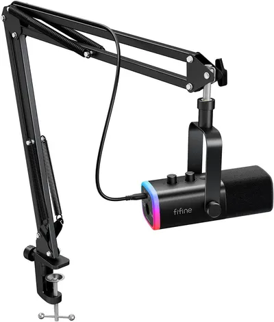 Shows the complete microphone setup with adjustable boom arm and RGB lighting to communicate the professional quality and flexibility of the product for content creators and streamers. Uses a clean…
