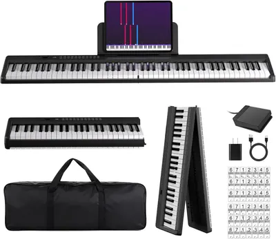 Shows the core product - a full-size digital piano keyboard with integrated tablet holder for learning apps, demonstrating its sleek design and professional appearance to appeal to musicians and…