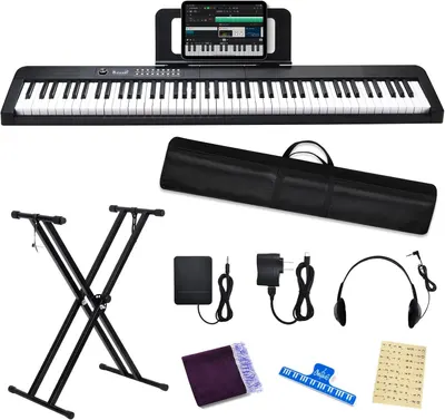 Displays the core product, an 88-key digital piano with integrated tablet/phone holder, showing its full-size keyboard and digital interface capabilities to help shoppers understand the main item…