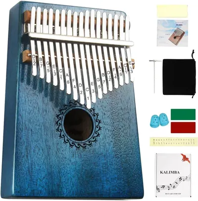 Shows the core product, a blue kalimba thumb piano with labeled keys, to help shoppers understand what they are purchasing and how the instrument is organized. Displays all included accessories such…