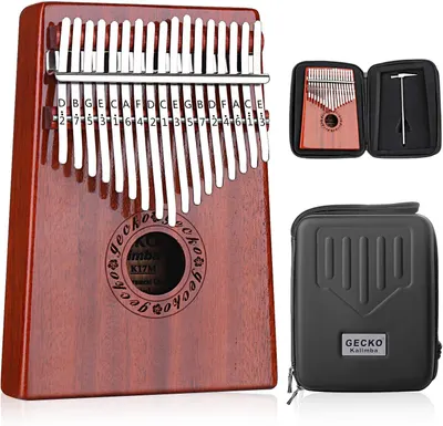 Shows the core product (kalimba) with note labels for easy learning, plus the included protective case to communicate value and portability. Demonstrates that the purchase includes accessories…