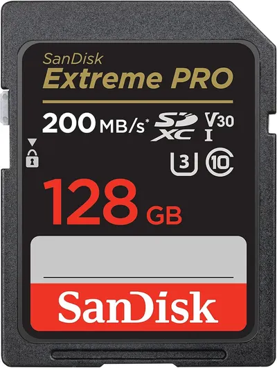Displays the core product—a SanDisk Extreme PRO SD card—with clear branding, capacity, and speed specifications to help shoppers quickly identify the product and its key technical features.