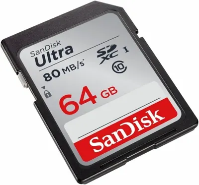 Displays the core product clearly on a white background to show the SanDisk Ultra SD card with its key specifications, allowing shoppers to identify the brand, capacity, and speed rating.