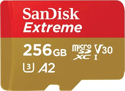 Displays the SanDisk Extreme microSD card with clear branding and technical specifications to communicate storage capacity and performance class to shoppers looking for reliable memory cards.