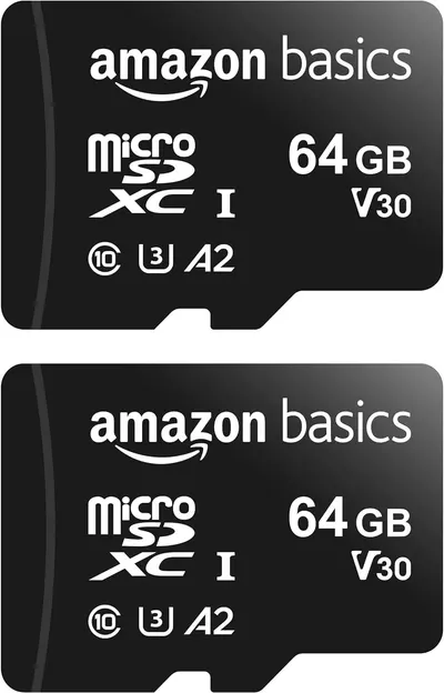 Shows two identical Amazon Basics microSD cards to communicate that this is a multi-pack purchase, providing shoppers with clear visibility of the product specifications including 64GB capacity, V30…