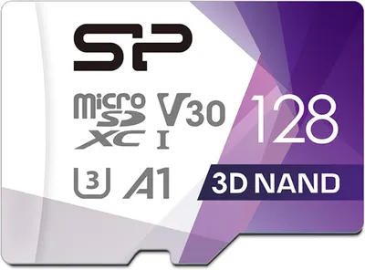 Displays the core product, a 128GB microSD memory card with technical specifications, to communicate storage capacity and performance capabilities to shoppers looking for reliable memory expansion.…