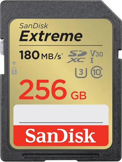 Displays the core product, a SanDisk Extreme 256GB SD card, with clear branding and key specifications (180MB/s speed, V30, U3, Class 10) to communicate storage capacity and performance to shoppers.