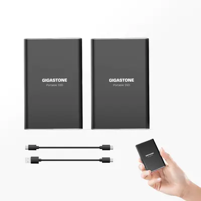 Shows the core product (portable SSD drives) along with included connection cables to communicate what the buyer receives in the package. Displays the included USB cables and accessories that come…