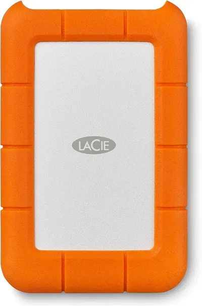 Shows the core product with its protective orange rubber bumper casing to communicate durability and drop protection for the portable hard drive.